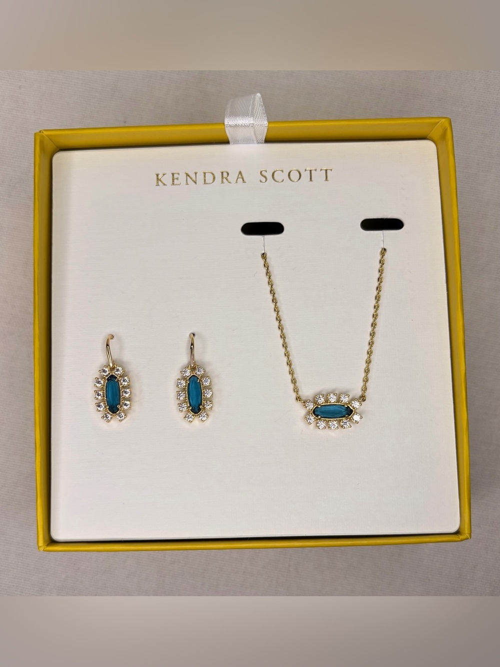 Kendra Scott Emma Framed Pendant Necklace & Drop Earrings Set, Faceted Blue NWT